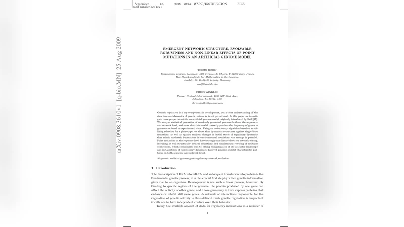 Emergent Network Structure, evolvable Robustness and non-linear Effects   of Point Mutations in an Artificial Genome Model