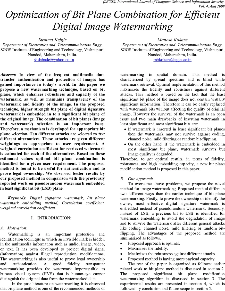 Optimization of Bit Plane Combination for Efficient Digital Image   Watermarking
