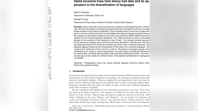 Dated ancestral trees from binary trait data and its application to the   diversification of languages