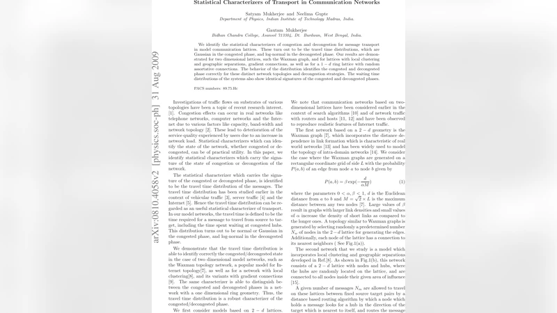 Statistical Characterizers of Transport in a Communication Network
