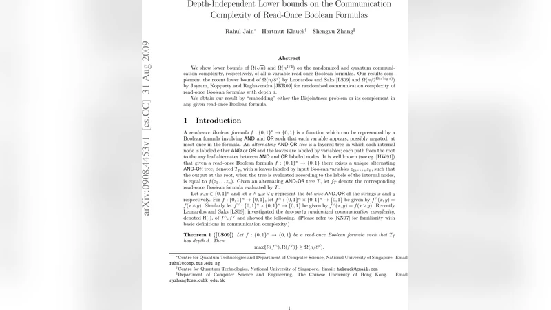Depth-Independent Lower bounds on the Communication Complexity of   Read-Once Boolean Formulas