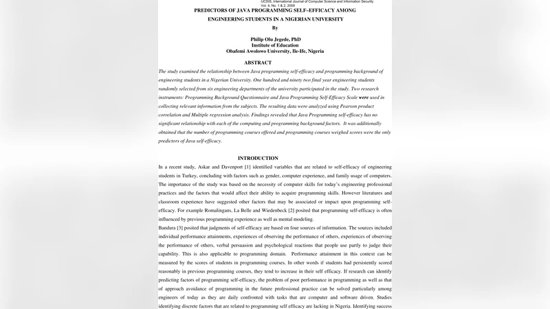 Predictors Of Java Programming Self Efficacy Among Engineering Students   In A Nigerian University