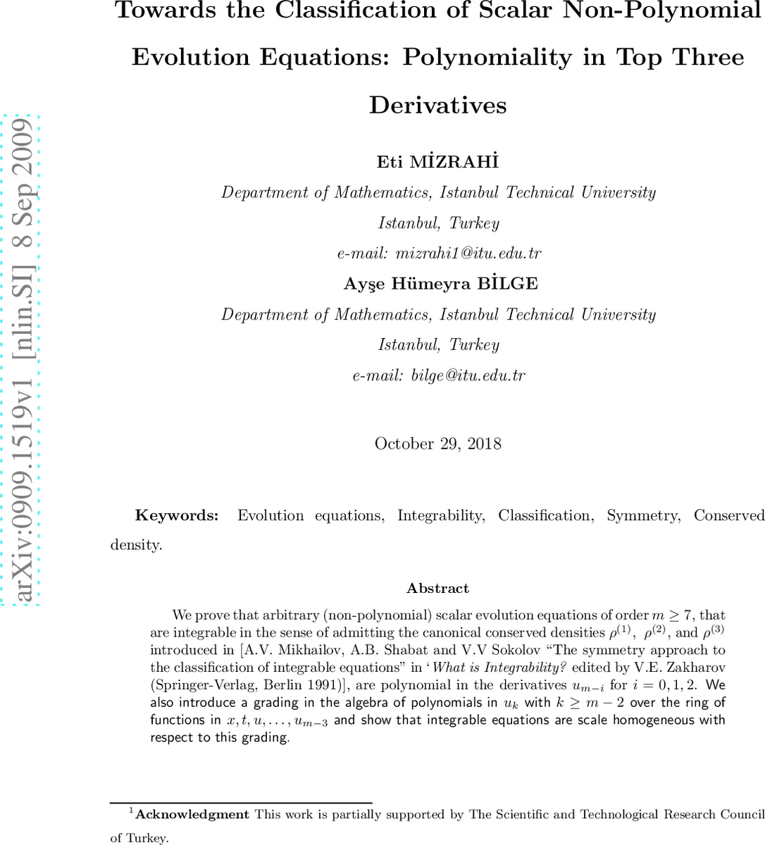 Toward the Classification of Scalar Nonpolynomial Evolution   Equations:Polynomiality in Top Three Derivatives