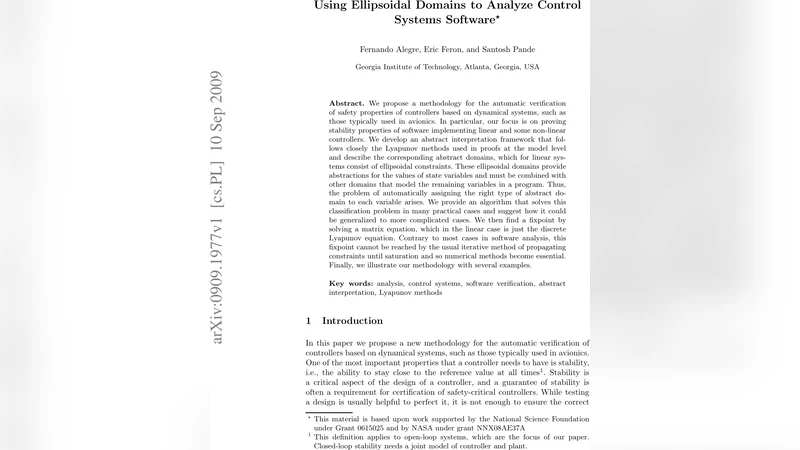 Using Ellipsoidal Domains to Analyze Control Systems Software