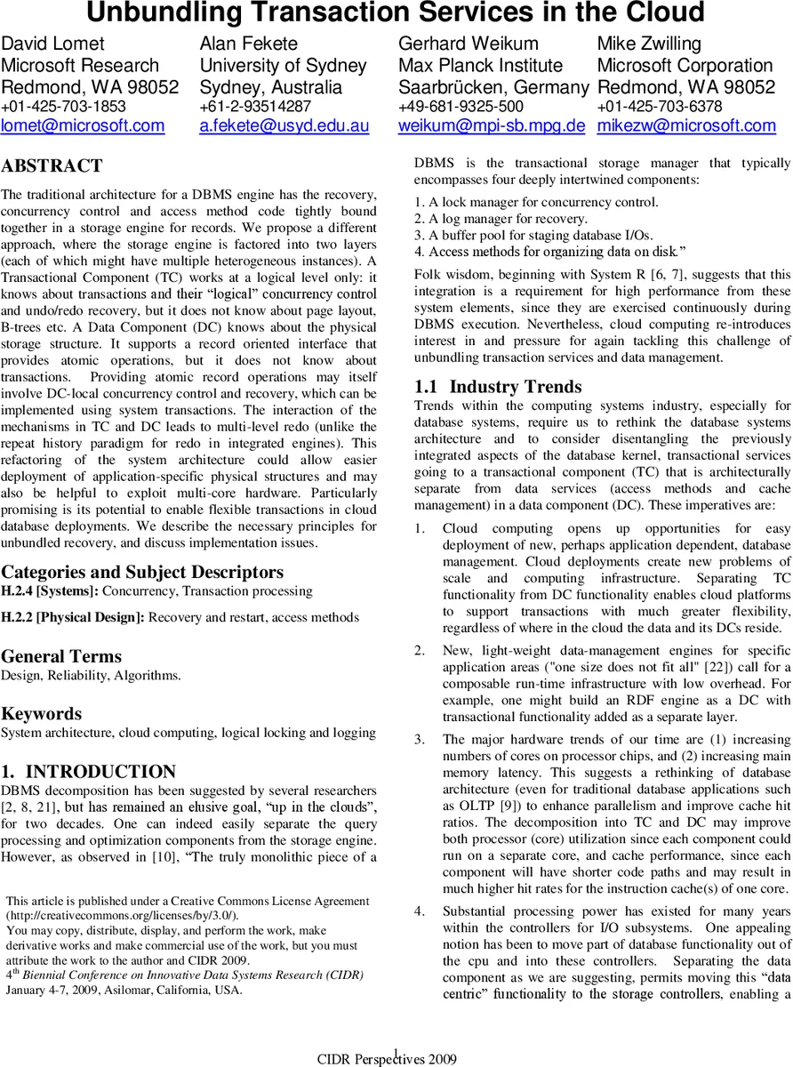 Unbundling Transaction Services in the Cloud