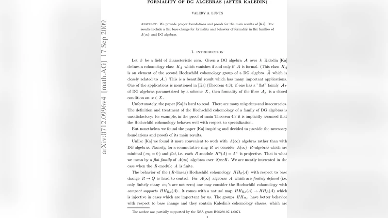 Formality of DG algebras (after Kaledin)