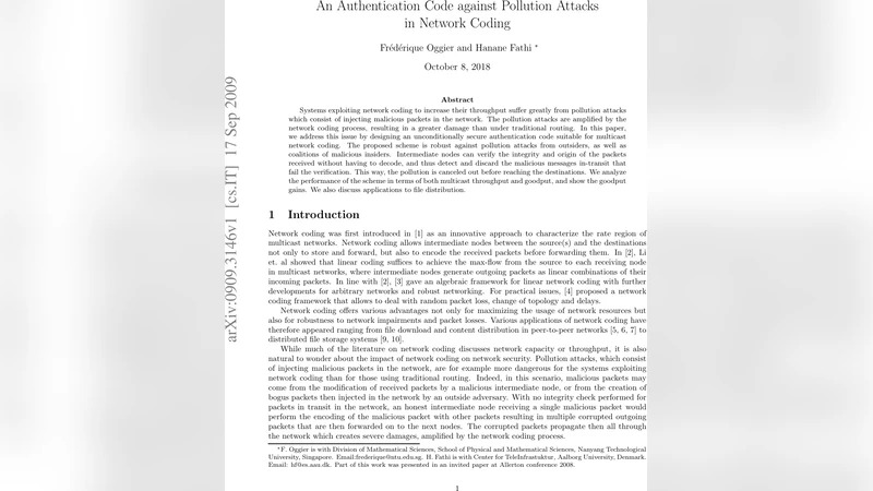 An Authentication Code against Pollution Attacks in Network Coding