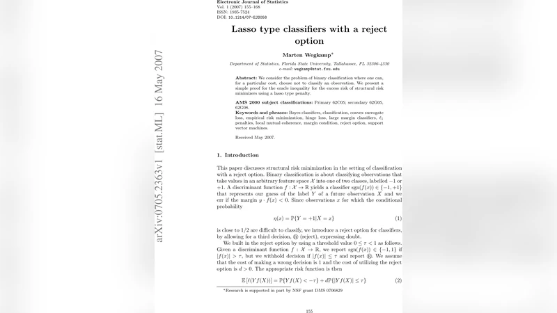 Lasso type classifiers with a reject option