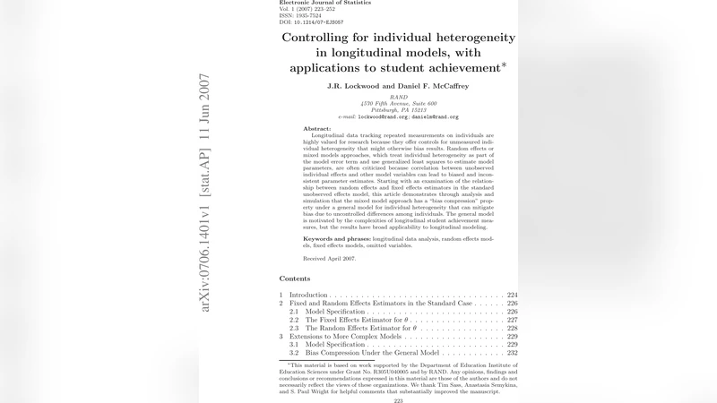 Controlling for individual heterogeneity in longitudinal models, with   applications to student achievement