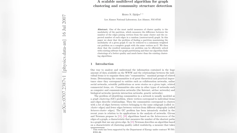 A fast multilevel algorithm for graph clustering and community detection