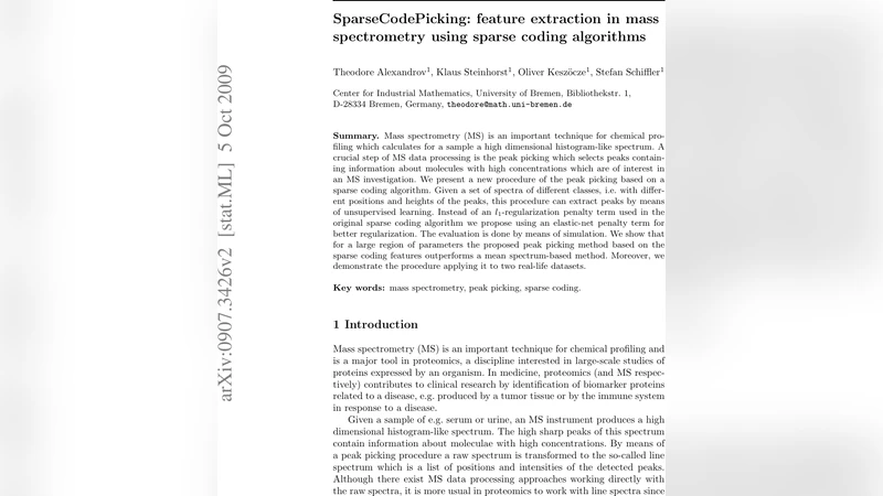 SparseCodePicking: feature extraction in mass spectrometry using sparse   coding algorithms