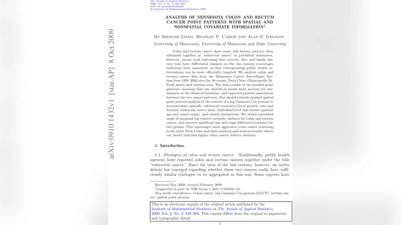 Analysis of Minnesota colon and rectum cancer point patterns with   spatial and nonspatial covariate information