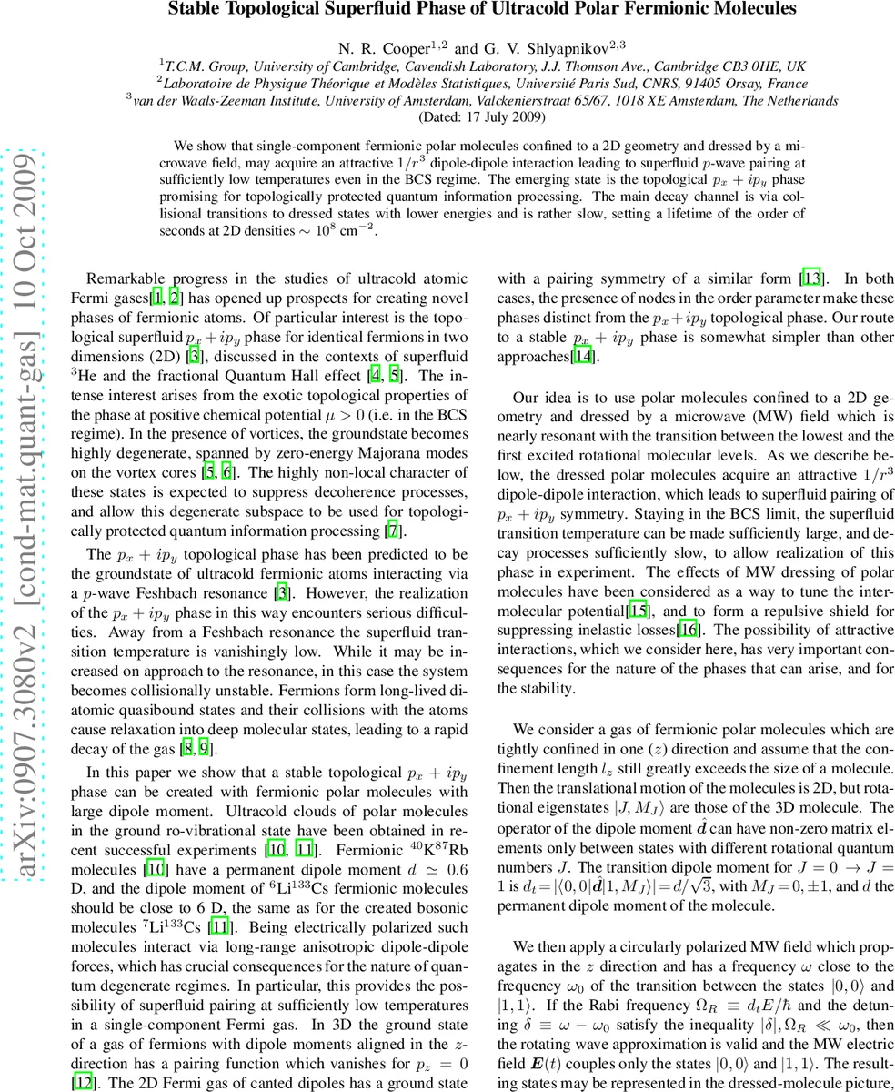 Stable Topological Superfluid Phase of Ultracold Polar Fermionic   Molecules