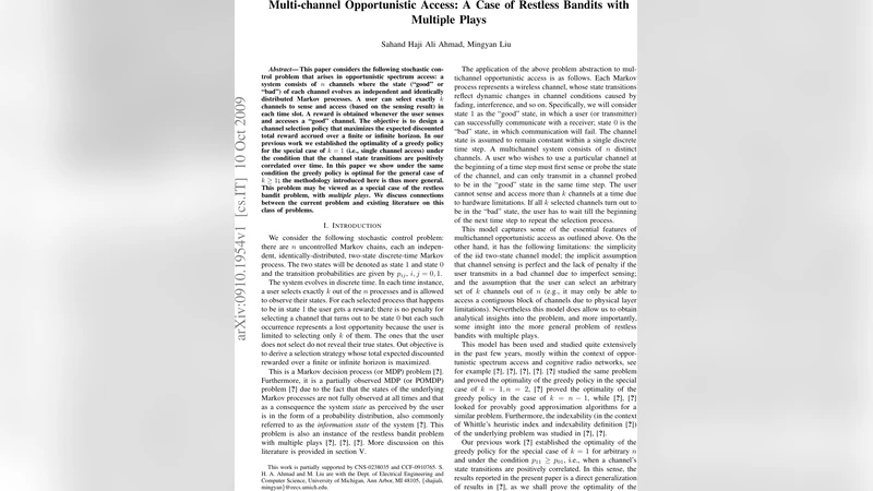 Multi-channel Opportunistic Access: A Case of Restless Bandits with   Multiple Plays