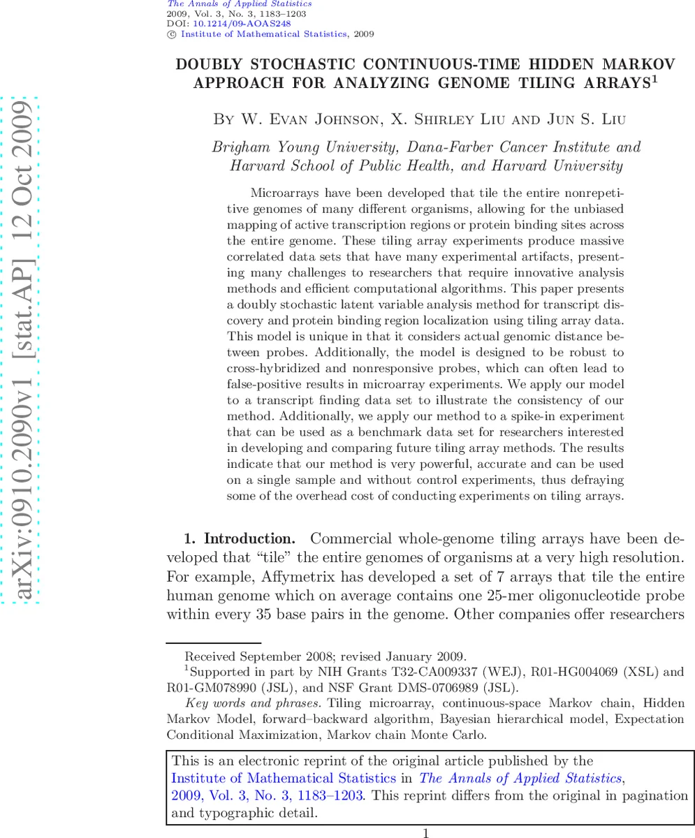 Doubly stochastic continuous-time hidden Markov approach for analyzing   genome tiling arrays