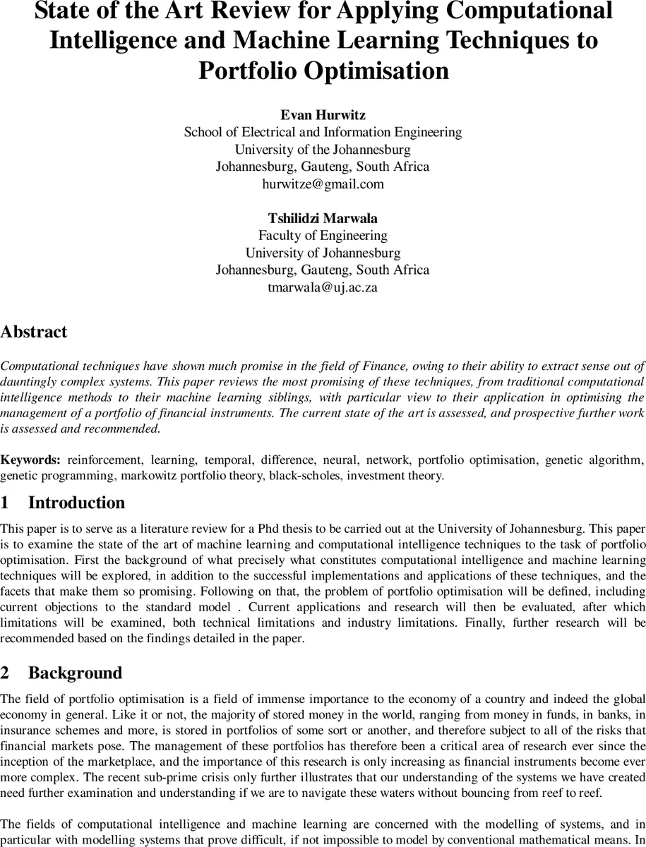 State of the Art Review for Applying Computational Intelligence and   Machine Learning Techniques to Portfolio Optimisation