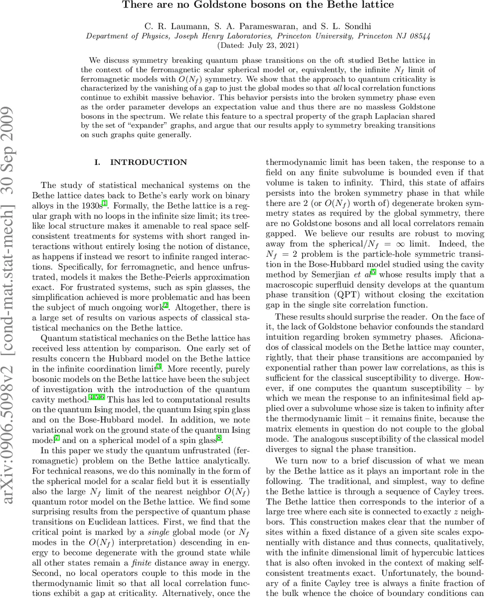 There are no Goldstone bosons on the Bethe lattice