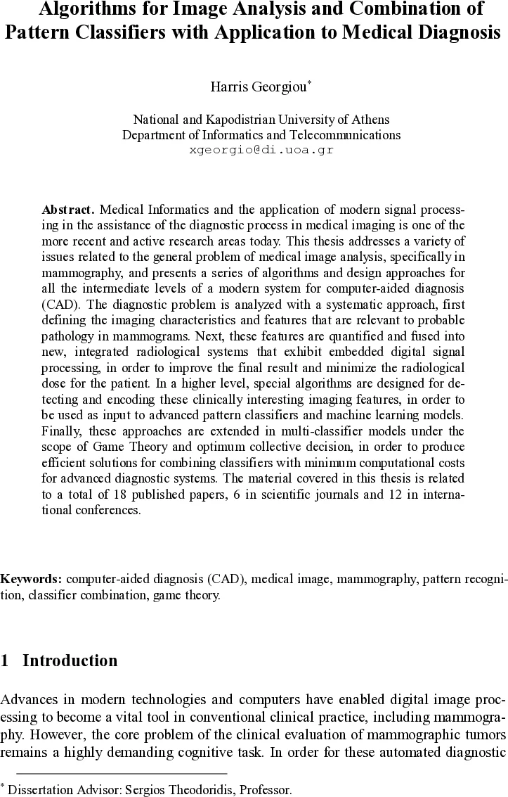 Algorithms for Image Analysis and Combination of Pattern Classifiers   with Application to Medical Diagnosis
