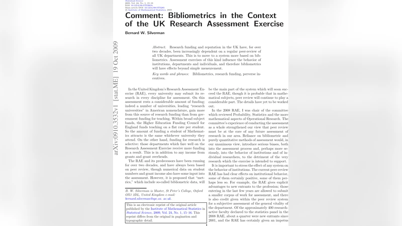 Comment: Bibliometrics in the Context of the UK Research Assessment   Exercise