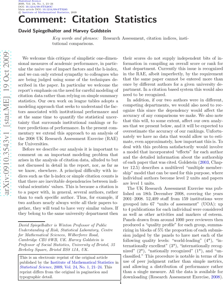 Comment: Citation Statistics