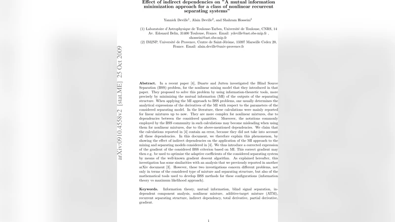 Effect of indirect dependencies on "A mutual information minimization   approach for a class of nonlinear recurrent separating systems"
