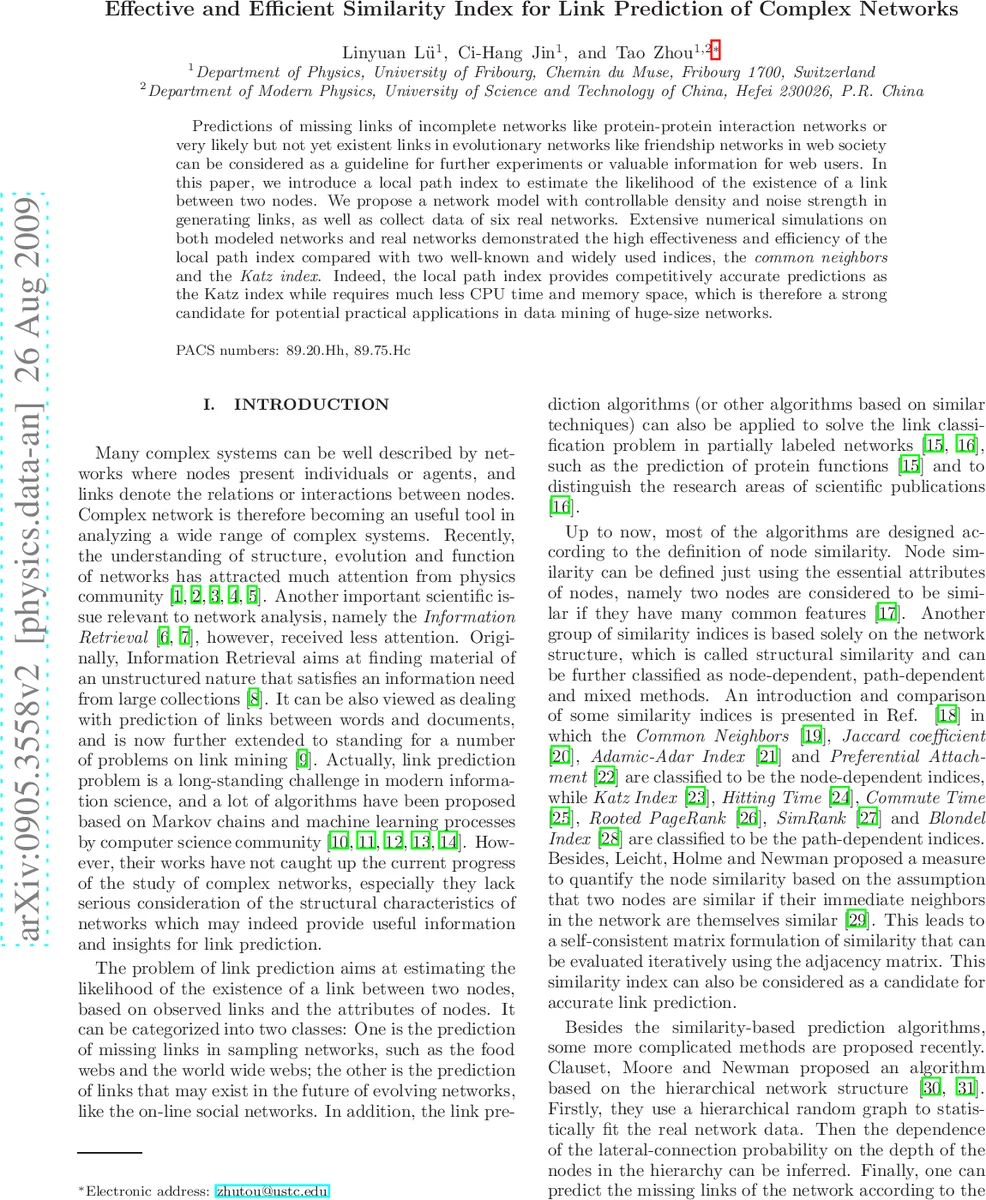 Effective and Efficient Similarity Index for Link Prediction of Complex   Networks