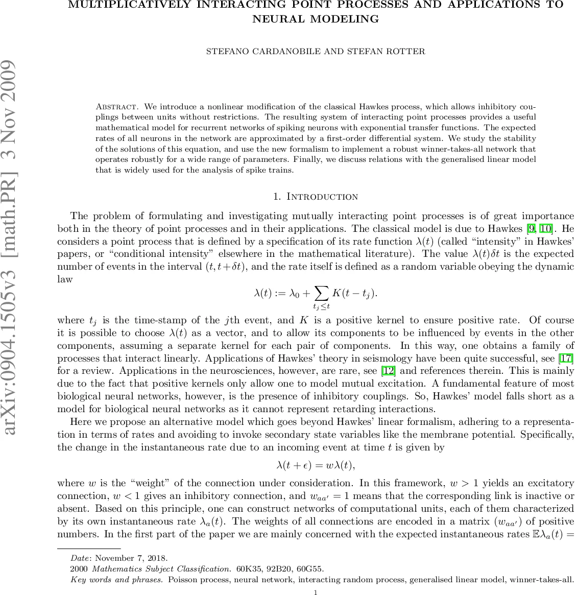 Multiplicatively interacting point processes and applications to neural   modeling