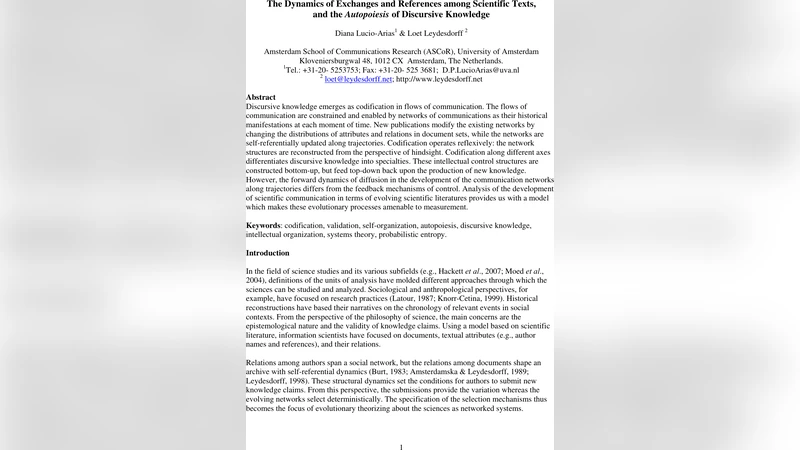 The Dynamics of Exchanges and References among Scientific Texts, and the   Autopoiesis of Discursive Knowledge