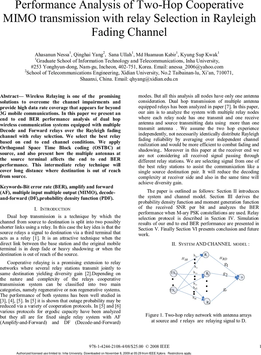 Performance Analysis of Two-Hop Cooperative MIMO transmission with Relay   Selection in Rayleigh Fading Channel