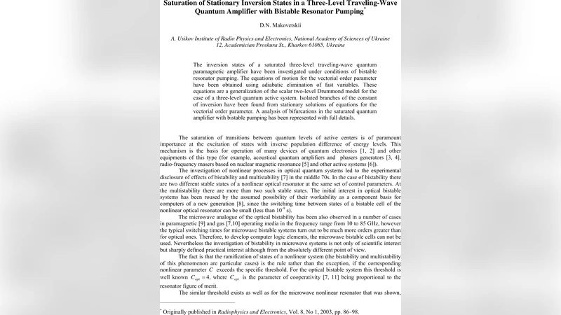 Saturation of Stationary Inversion States in a Three-Level   Traveling-Wave Quantum Amplifier with Bistable Resonator Pumping
