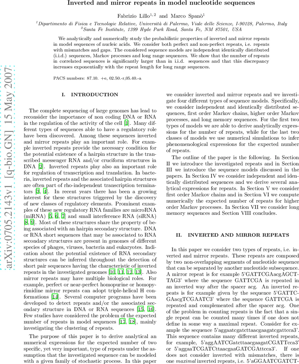 Inverted and mirror repeats in model nucleotide sequences