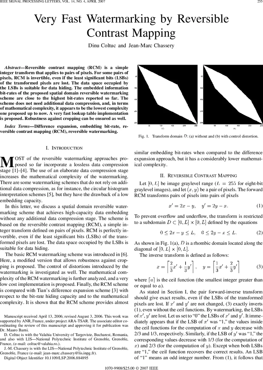 Very fast watermarking by reversible contrast mapping