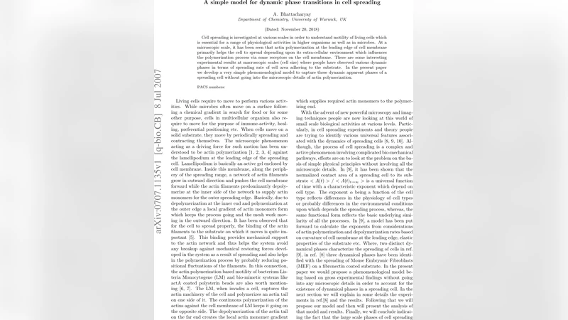 A simple model for dynamic phase transitions in cell spreading