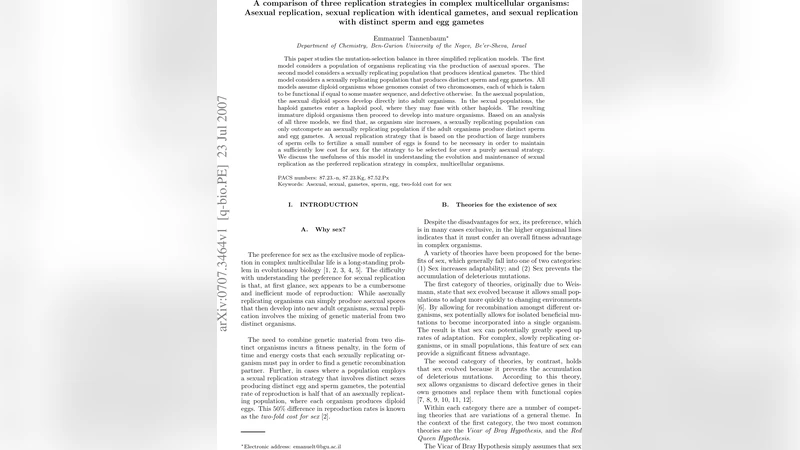 A comparison of three replication strategies in complex multicellular   organisms: Asexual replication, sexual replication with identical gametes,   and sexual replication with distinct sperm and egg gametes