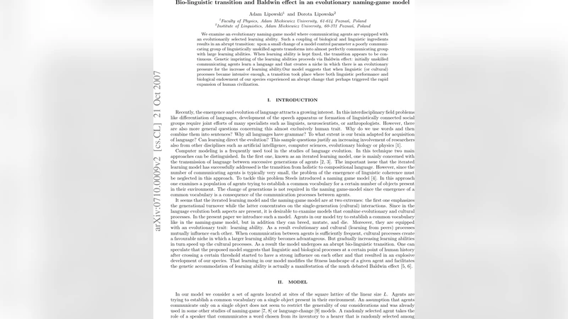 Bio-linguistic transition and Baldwin effect in an evolutionary   naming-game model