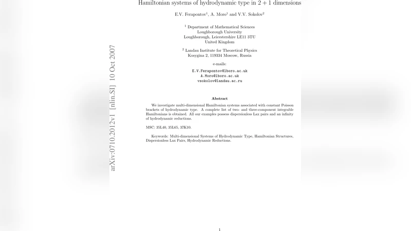 Hamiltonian systems of hydrodynamic type in 2 + 1 dimensions