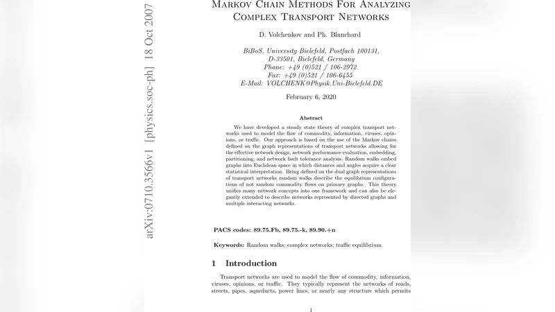Markov Chain Methods For Analyzing Complex Transport Networks