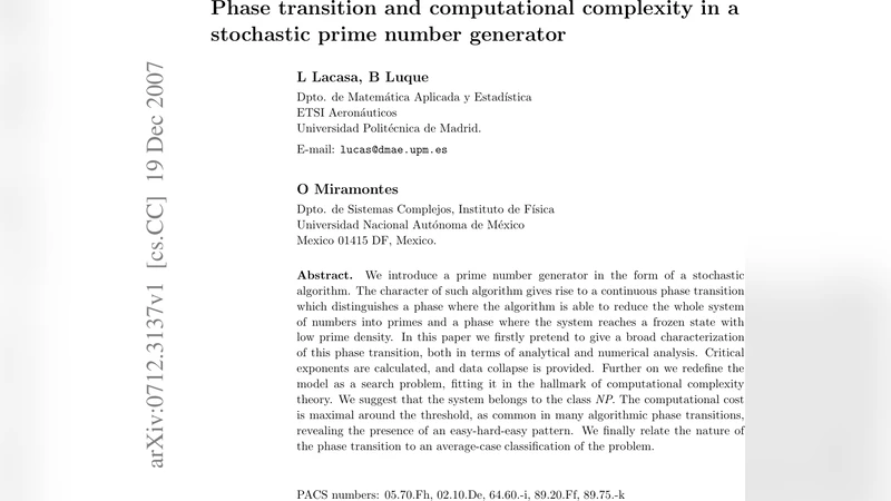 Phase transition and computational complexity in a stochastic prime   number generator
