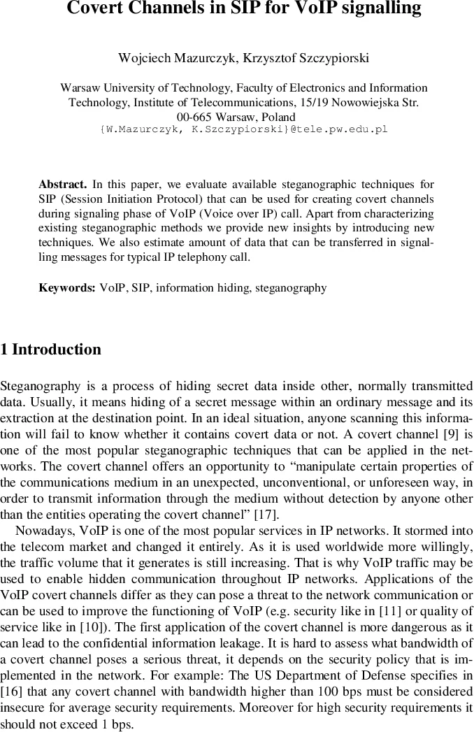 Covert Channels in SIP for VoIP signalling