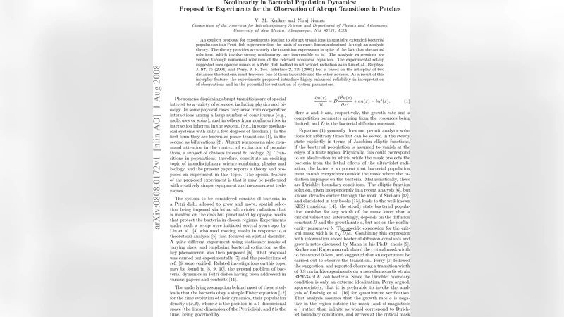 Nonlinearity in Bacterial Population Dynamics: Proposal for Experiments   for the Observation of Abrupt Transitions in Patches