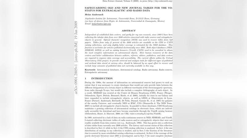 Safeguarding Old and New Journal Tables for the VO: Status for   Extragalactic and Radio Data
