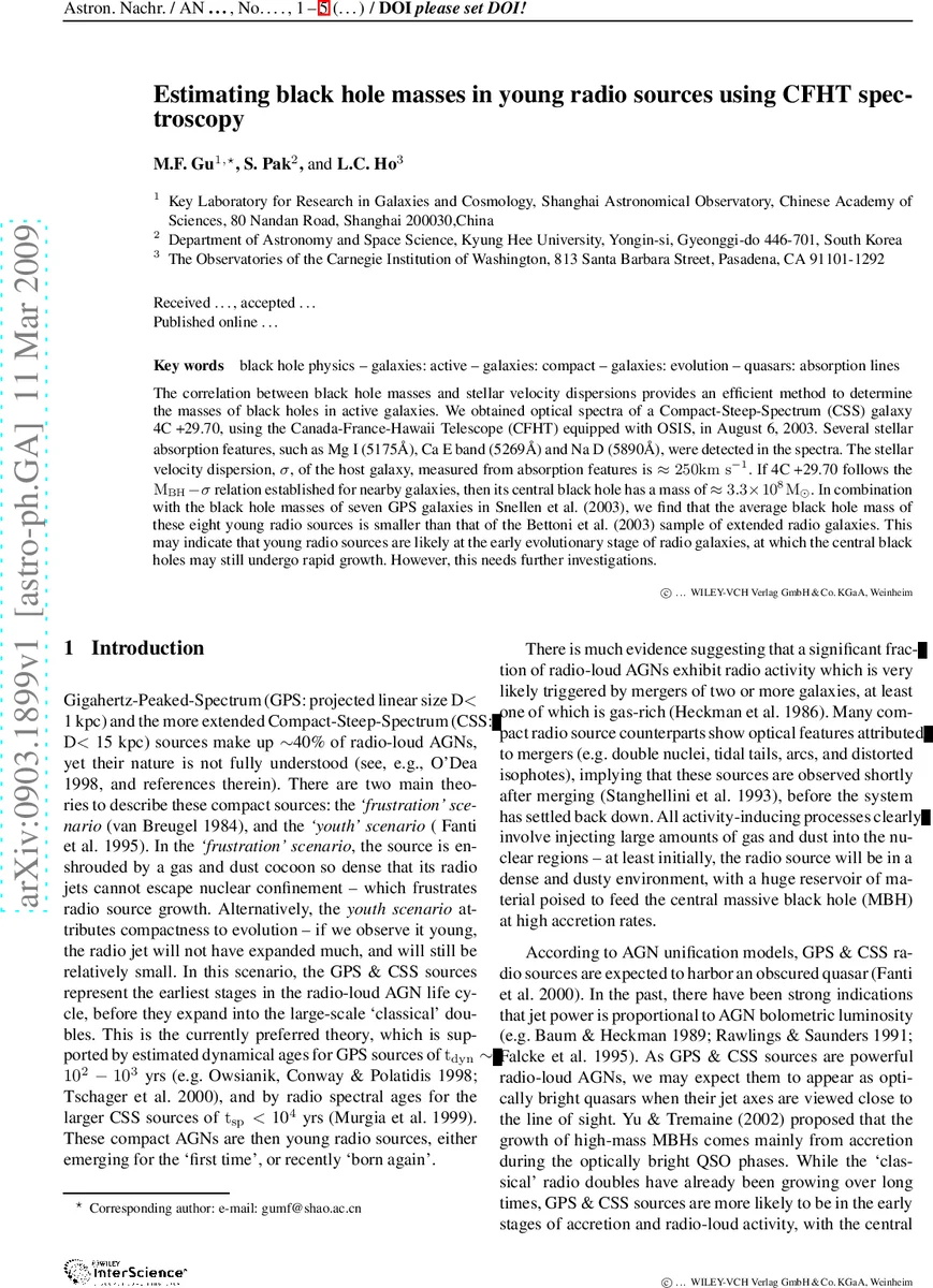 Estimating black hole masses in young radio sources using CFHT   spectroscopy