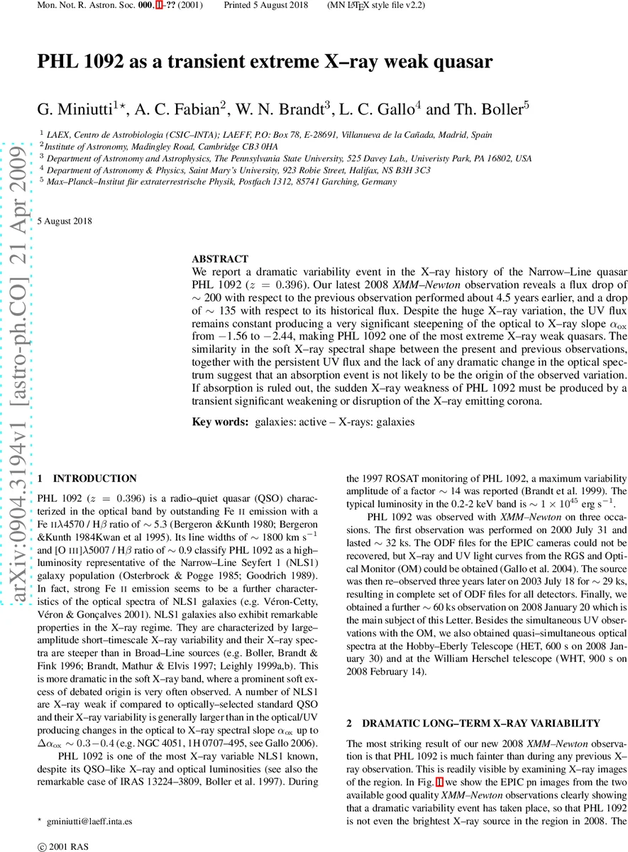 PHL 1092 as a transient extreme X-ray weak quasar