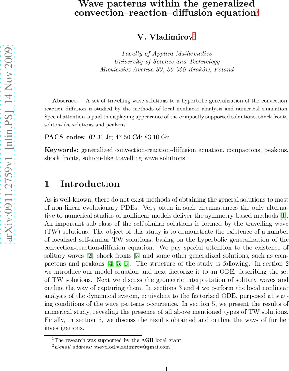 Wave patterns within the generalized convection-reaction-diffusion   equation