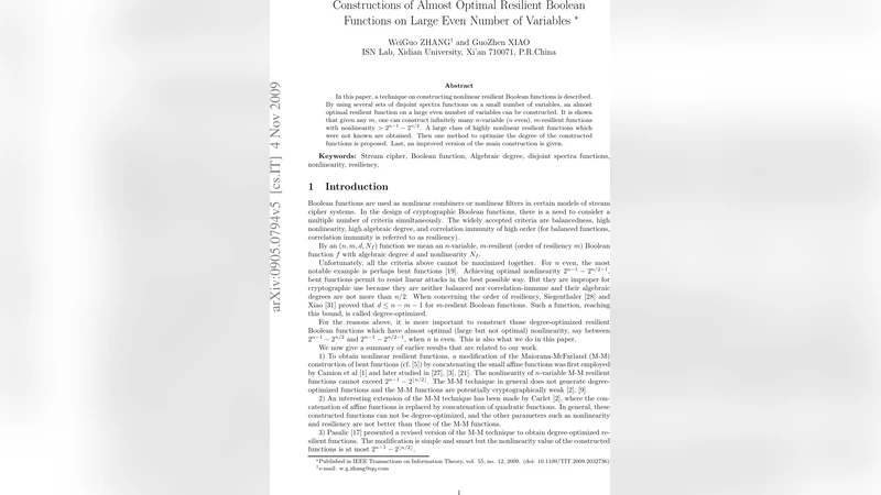 Constructions of Almost Optimal Resilient Boolean Functions on Large   Even Number of Variables