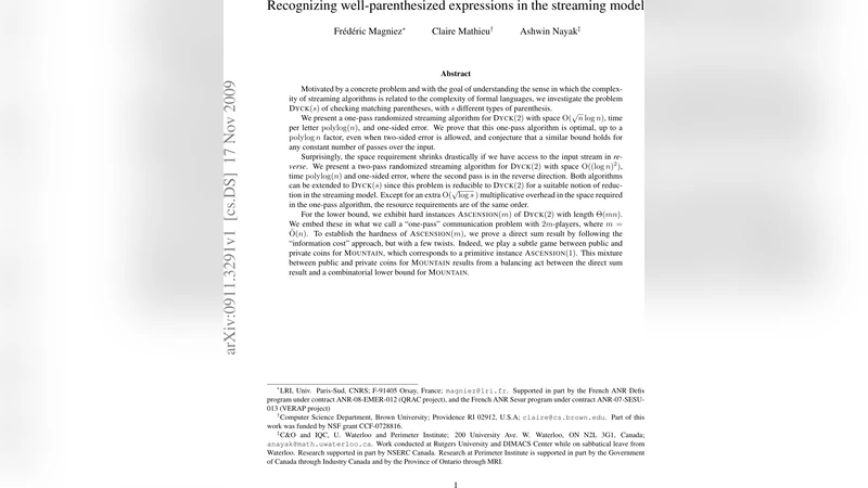 Recognizing well-parenthesized expressions in the streaming model