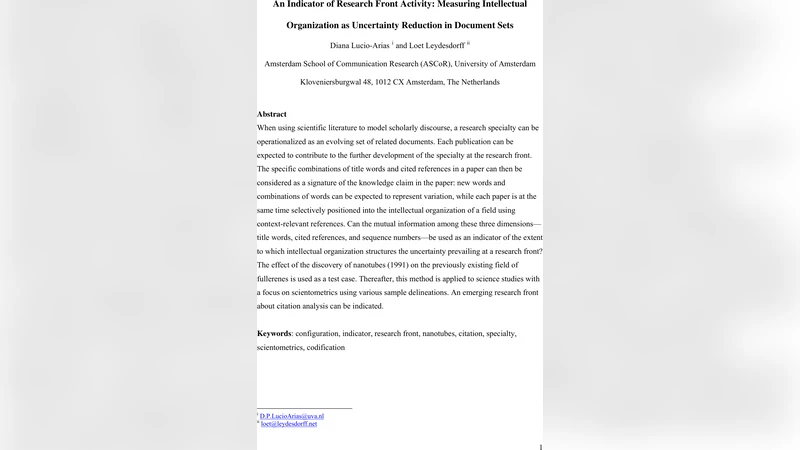 An Indicator of Research Front Activity: Measuring Intellectual   Organization as Uncertainty Reduction in Document Sets