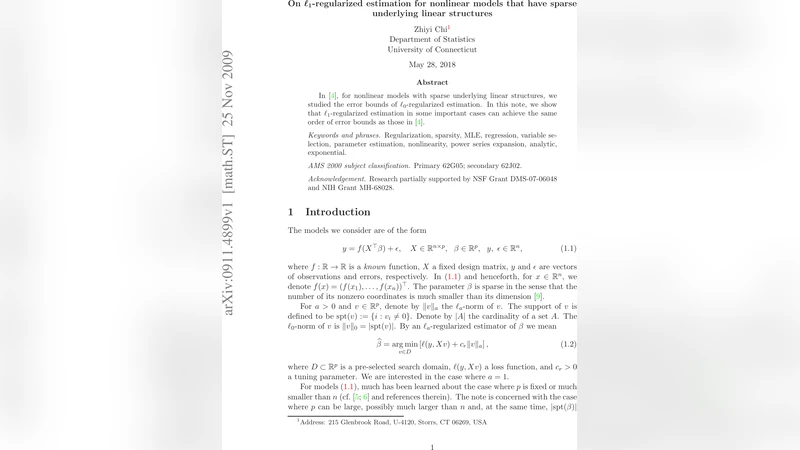 On $ell_1$-regularized estimation for nonlinear models that have sparse   underlying linear structures
