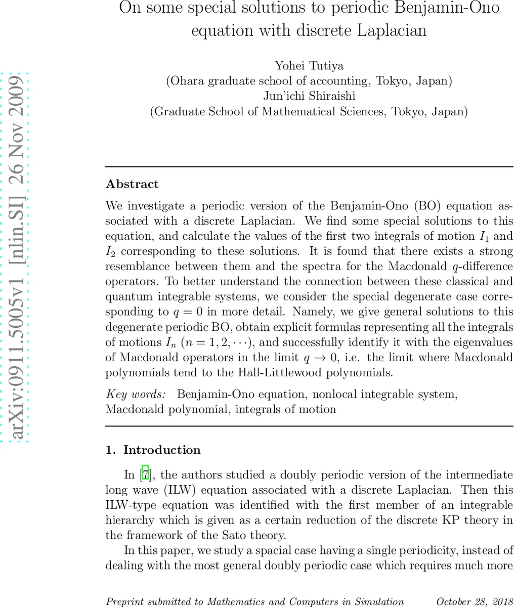 On some special solutions to periodic Benjamin-Ono equation with   discrete Laplacian