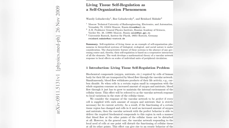 Living Tissue Self-Regulation as a Self-Organization Phenomenon